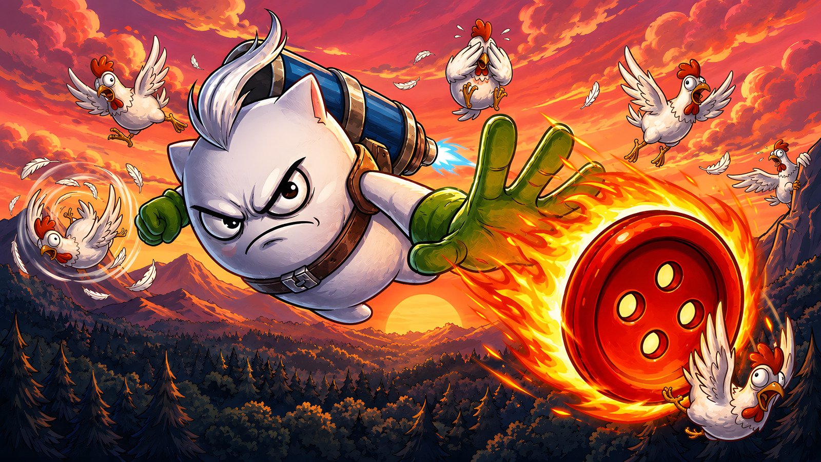 Key art for Pillow vs Chickens: the pillow flies out of a burning sunset on its jetpack, hurling a flaming button, with chickens tumbling through the air around it